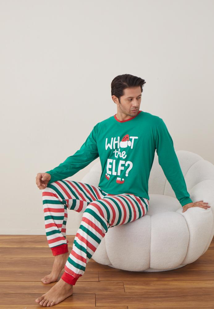 Pijama barbati Craciun "WHAT the ELF?" , maneca lunga ,pantaloni lungi,Culoare Verde ,Engros